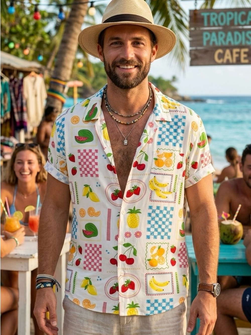 MAD Engine White Tropical Fruit Short-Sleeve Button-Down Shirt 3771